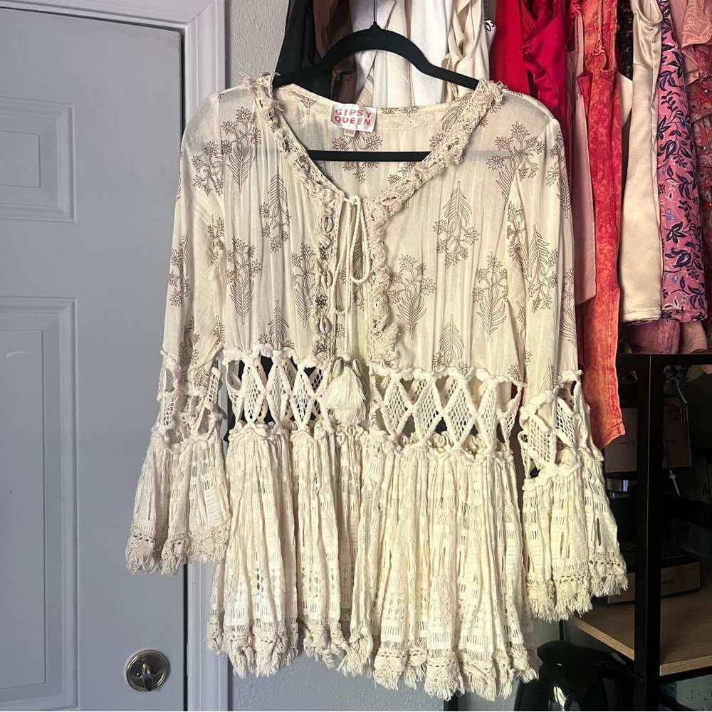 GIPSY QUEEN ivory cream cotton lurex shell beaded cutout‎ bell sleeve blouse